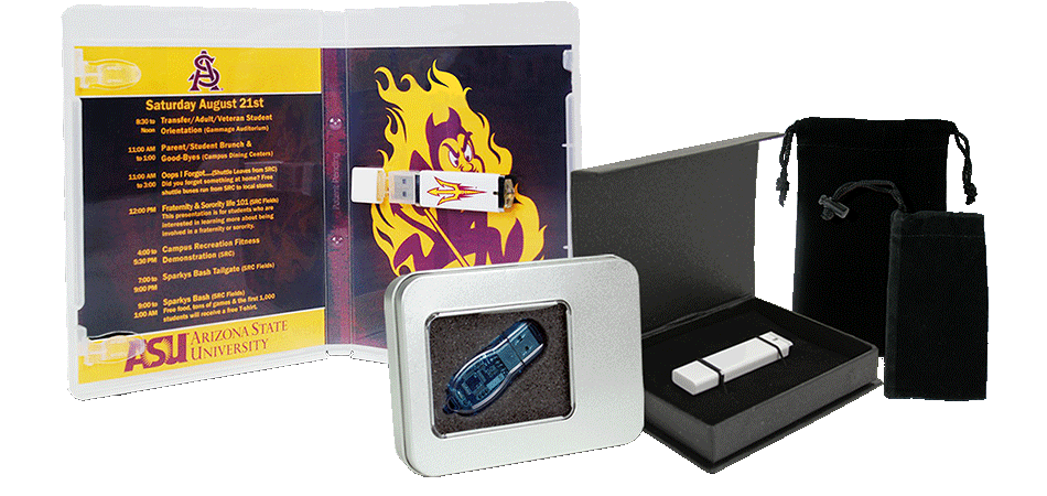 ASU flash pac with white premium usb. Tin box. Black gift box and vinyl pouches.