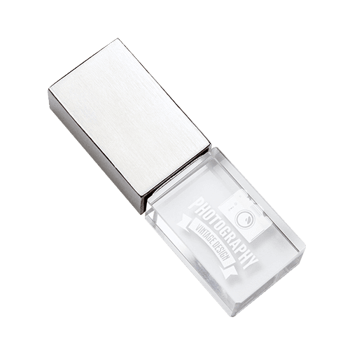 Crystal USB Drive with brushed metal cap.