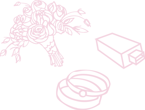 Hand drawn bouqet, wedding rings, and usb drive.