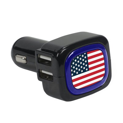 Black USA Flag Light-Up 4-Port Car Charger
