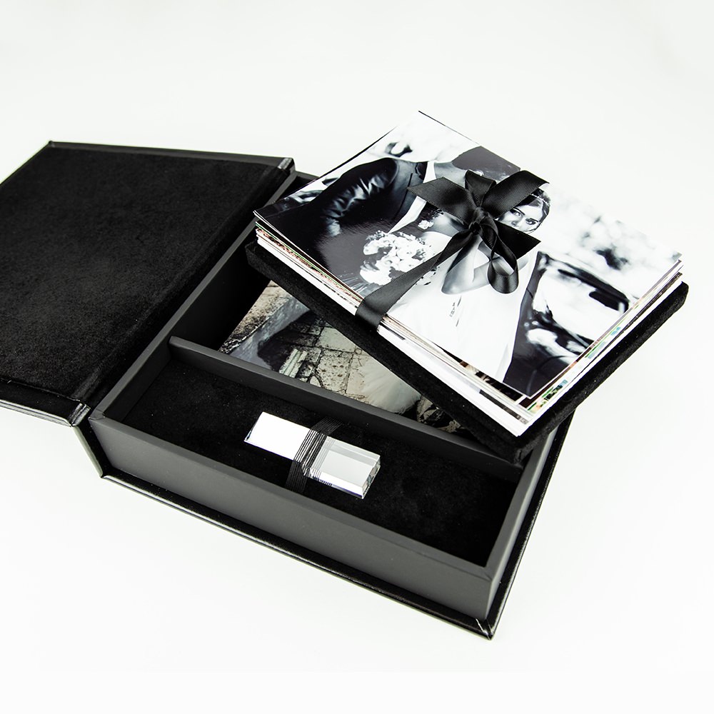 Black Leather Impression 4x6 Photo Box with USB - Premium USB