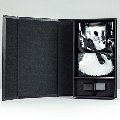 Black Leather Infinity Photo Box with USB for 5"x7" Photos
